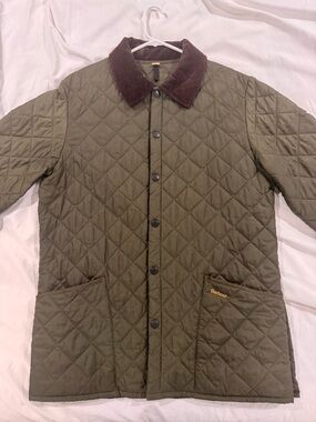 Barbour Olive Quilted Jacket with Brown Corduroy Collar